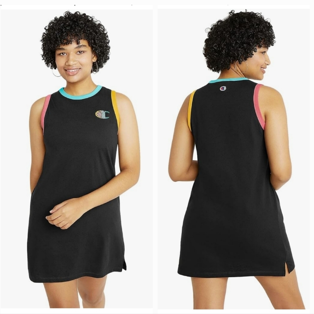 Champion Logo Black Sleeveless Tank Dress with Color Trim Size S